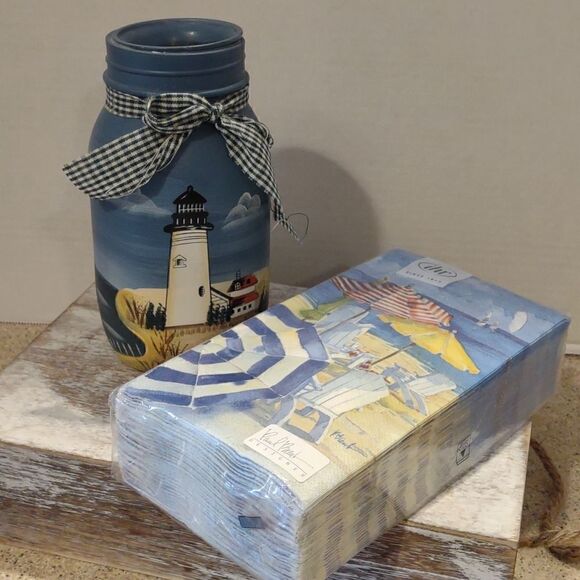 Hand Painted Beach Decor Painted Bell Jar & Napkins - Picture 1 of 8